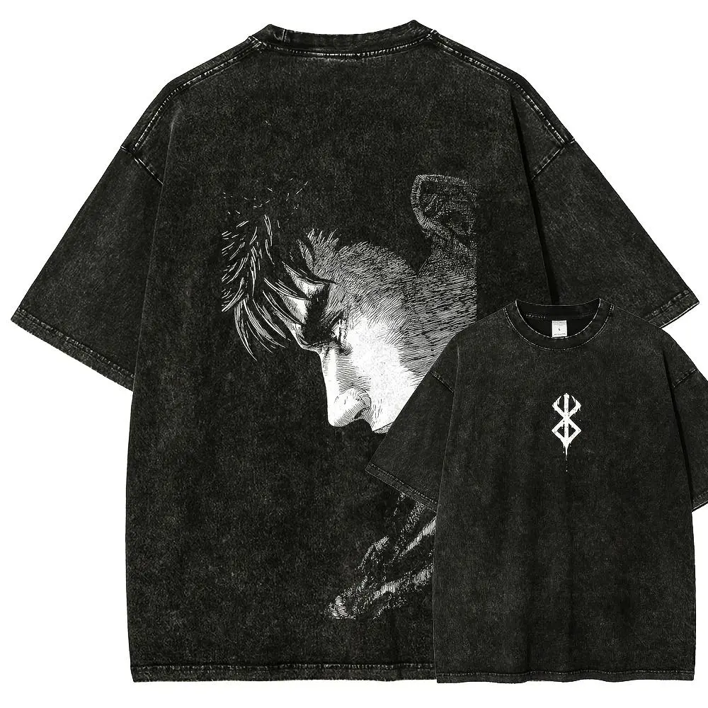 Back to School Men's Berserk Guts Anime Oversized Acid Washed Distressed Cotton Short-Sleeve Graphic Tee - Round Neck, Grunge Aesthetic, Casual Style, 90s Alt Streetwear, All-Season Menswear Top, 90s Alt Energy