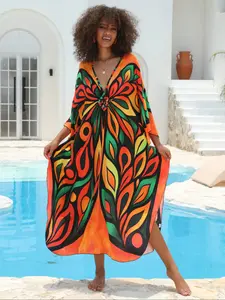 【Plus Size】 Colorful Butterfly Print Batwing Sleeve Cover Up Dress, Casual V Neck Cover Up Dress for Beach Holiday Vacation, Women's Swimwear for All Seasons, Swimsuit Cover Up