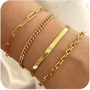Sanfenly 4 Pcs Gold Bracelets for Women, 14K Delicate Gold Plated Jewelry Set, Stackable Fashion Gold Tennis Bracelet, Waterproof Cute Cuban Chain & Paperclip Bracelet Stack Set