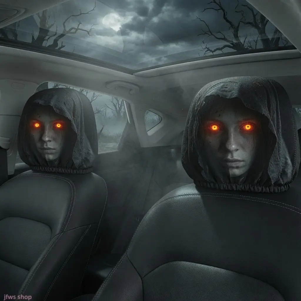 2-Piece Horror-Themed Car Headrest Covers, Scary Faces Print Washable Fabric Accessory, Universal Fit Easy Installation for Long Drive Fatigue Relief sohochic