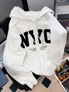 Women's Hooded Long Sleeve Sweatshirt with Nyc Letter Graphic Print, Zipper Design, Pockets, Casual Fitted Outerwear, Fall & Winter Fashion, Womenswear