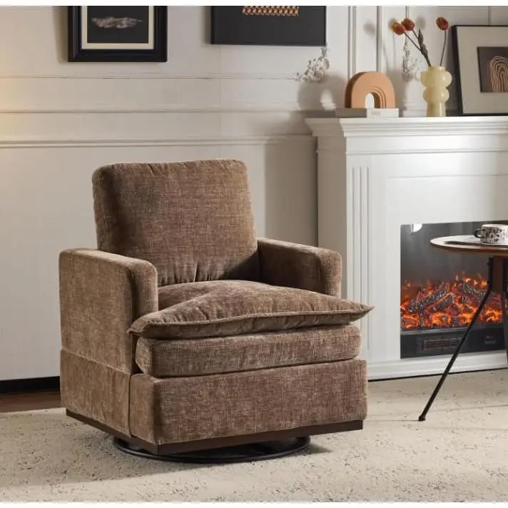 VINGLI Mid-Century Modern 360° Rotation Comfortable Armchair, Single Swivel Upholstered Square Club Chair, Double-Layer Seat Cushions for Living Room, Bedroom, Comfortable Armchairs, 360° Rotation Armchairs