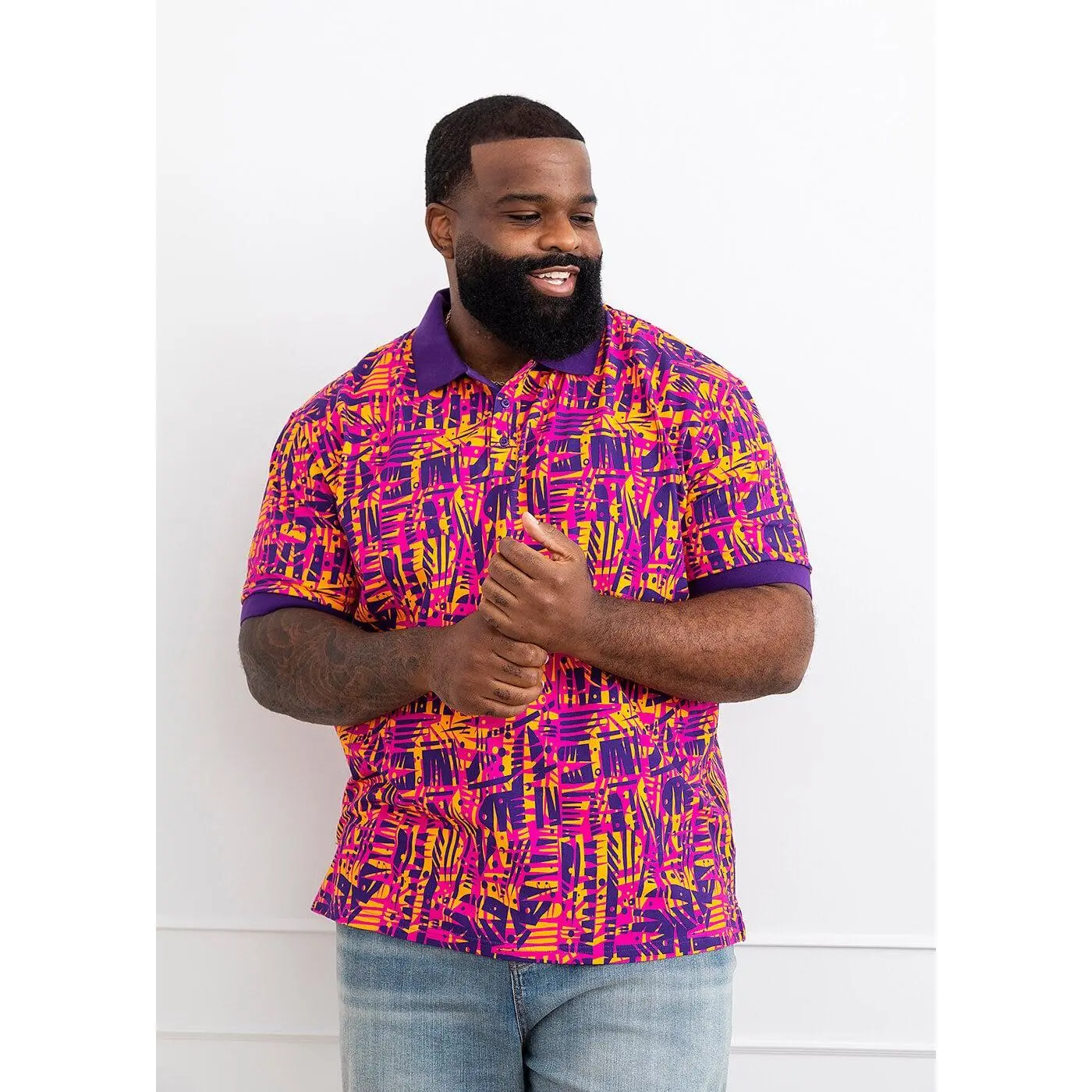 Femi African Print Color-Blocked Polo Shirt (Orange Abstract Leaves)-Clearance