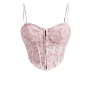 Pink Summer Floral Jacquard Hook And Eye Front Corset Structure Cami Top Without Sleeve for Women