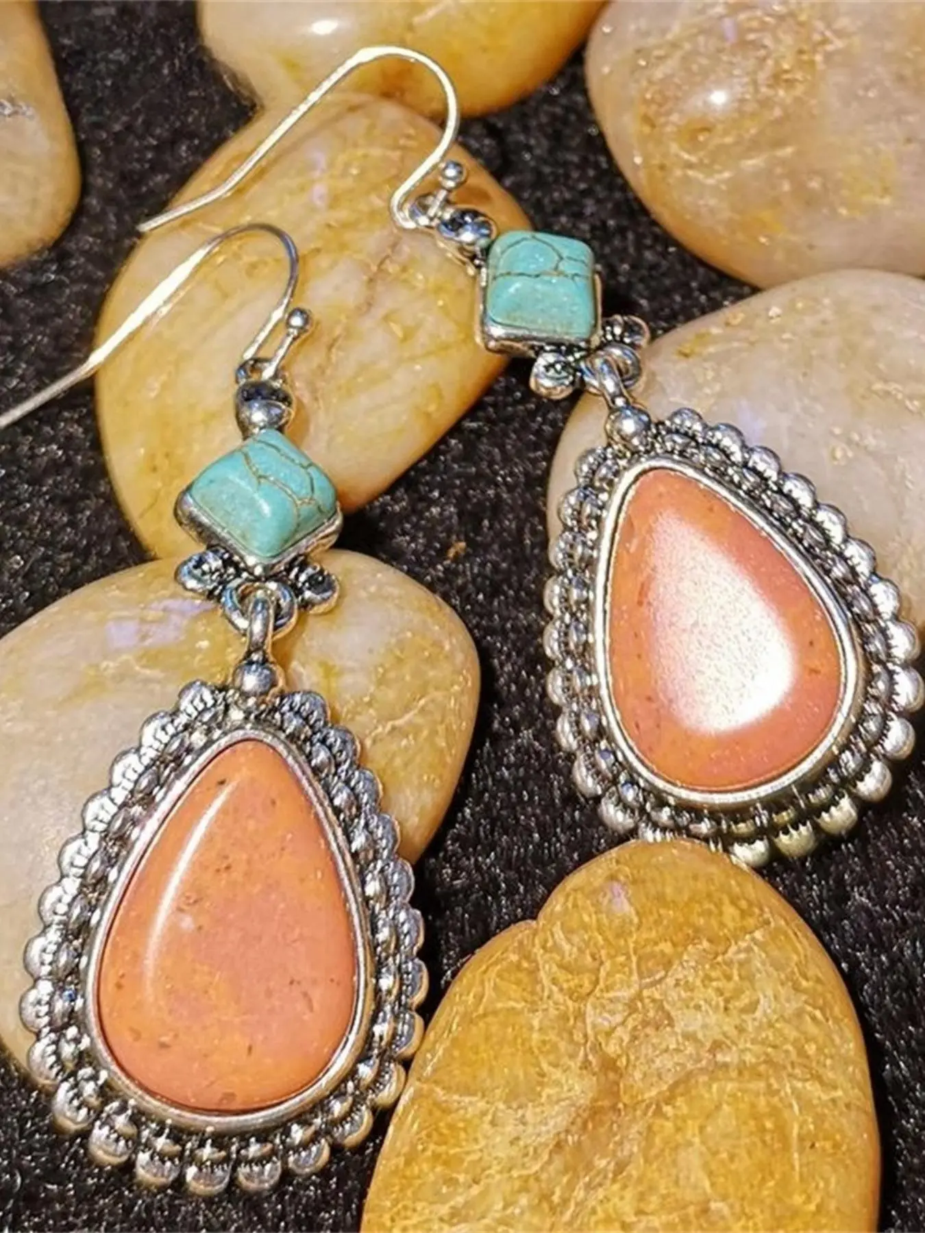 1 Pair Boho Style Artisan Craftsmanship Water Drop Shaped Turquoise Decor Zinc Alloy Dangle Earrings, Vintage Style Drop Earrings, Bohemian Fashion Jewelry for Women