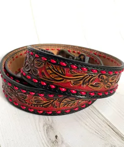 Red Buckstitch Red Painted Floral Tooled Leather Handbag Strap