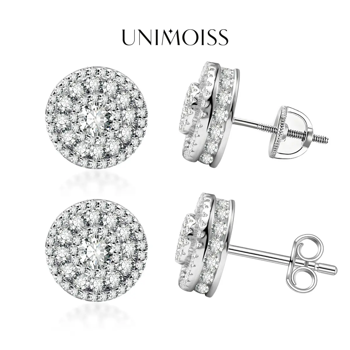 UniMoiss Hip Hop Bling Out Circular Earrings Screw Back Butterfly Back Earrings Moissanite Stud Earring Jewelry Perfect Birthday Mother’s Day Gift for Men Women Wedding Set