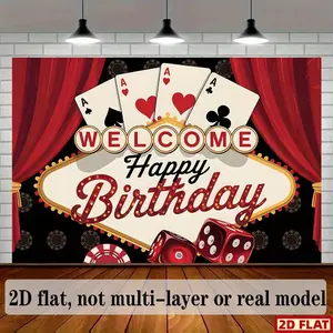 2D Flat Banner, 1pc Poker-Themed "Welcome Happy Birthday" Party Banner - Polyester Backdrop with Playing Cards, Dice & Red Curtains, Ideal for Home & Room Decor, Versatile Wall Decoration, Birthday Party Deco, Wall Hanging Backdrop