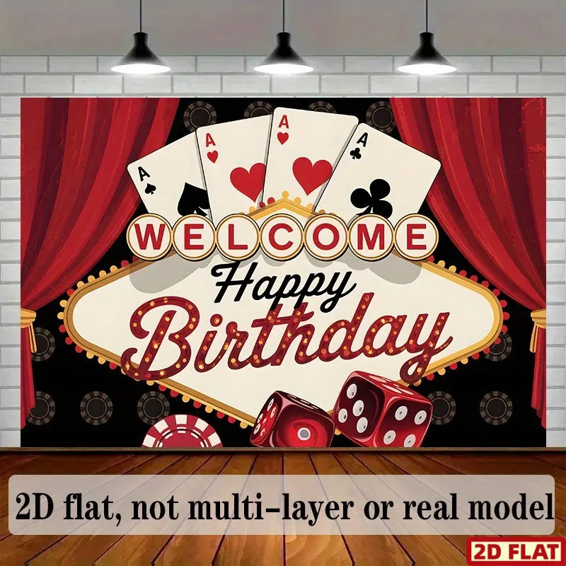 2D Flat Banner, 1pc Poker-Themed "Welcome Happy Birthday" Party Banner - Polyester Backdrop with Playing Cards, Dice & Red Curtains, Ideal for Home & Room Decor, Versatile Wall Decoration, Birthday Party Decorations, Wall Hanging Backdrop
