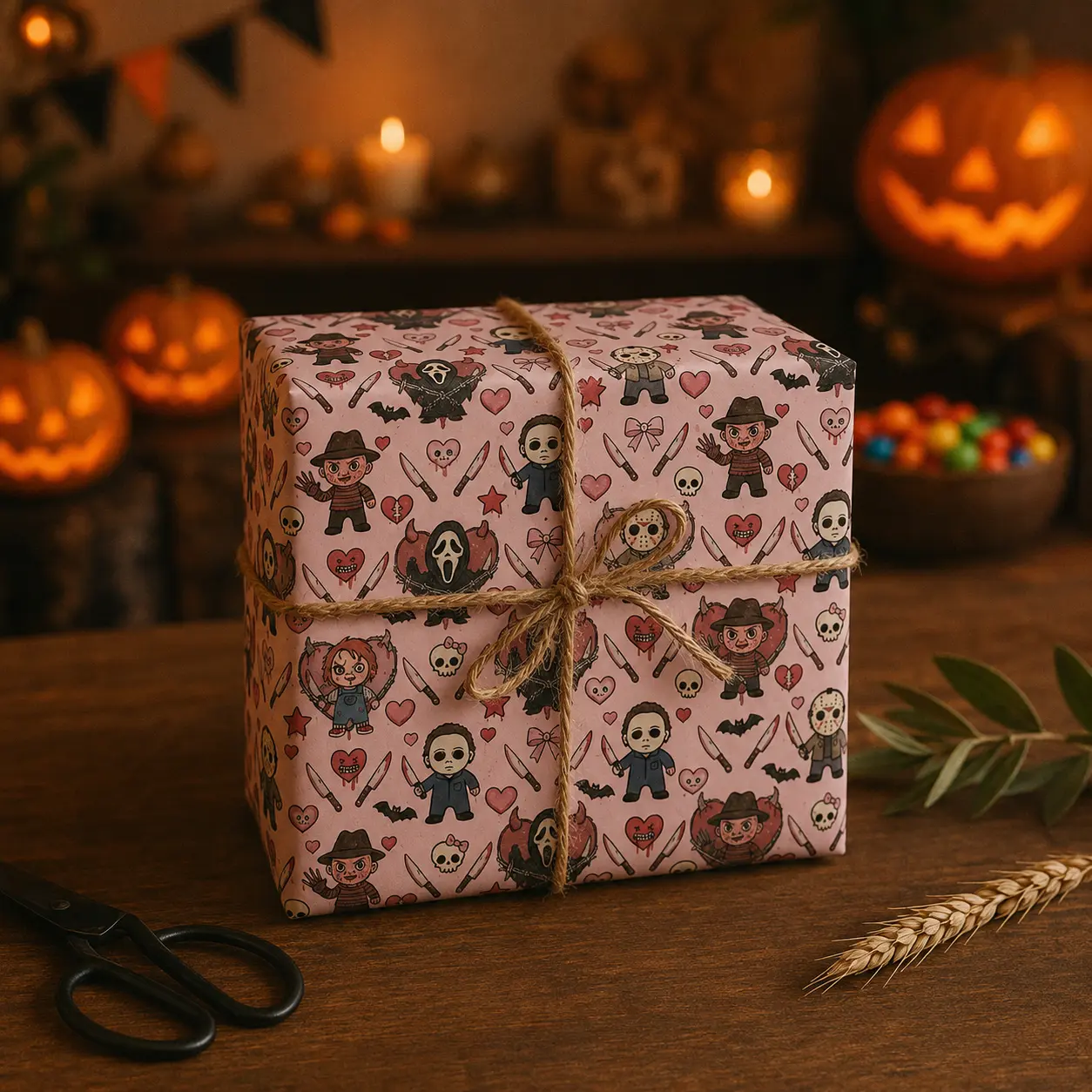 Horror Character Wrapping Paper with Cute Slasher Pattern and Pink Background