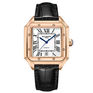 Men's Rose Gold Square Automatic Mechanical Watch, White Dial Black Roman Numerals Date Window Bright Blue Hands Screw Bezel Black Crocodile Leather Strap Vintage Classic Business Wrist Watch