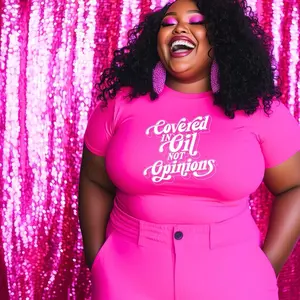 Women's Pink Stretchy Short-Sleeve Fabric T-Shirt - Feminine Unisex Statement Tee with "Covered In Oil Not Opinions" Graphic