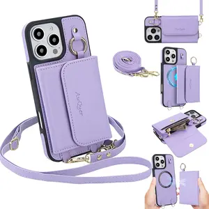 MagSafe Magnetic Wallet and Phone Case 2-in-1 with Finger Loop Design Leather Phone Case Compatible with Apple/iPhone 17/16/15/14/13/12/11 Pro Max Plus Mini Wallet Card Holder + Long Shoulder Strap Portable and Stylish for Women Wireless Charging Compatib
