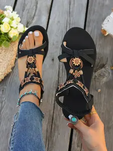 Women's Fashion Versatile 2026 Summer New Round Toe Flat Breathable Casual Sandals, Comfortable Fabric Upper, Rubber Sole