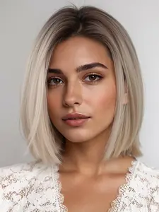 wig, Heat-Resistant Rooted Platinum Blonde Straight Bob Style Wig, Platinum Blonde, Shoulder-Length Bob