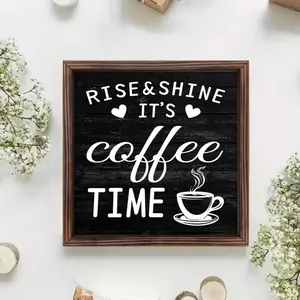 Coffee Theme Wooden Photo Frame Decor, 8*8in Coffee Time Letter Pattern Desktop Ornament, Office Desktop Decoration, Wall Art for Home Kitchen & Break Room, Vintage Plaque Decor