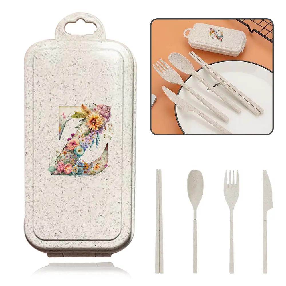 Eco-Friendly 4-Piece Utensils Set with Case, Detachable Box Organizer, Reusable Wheat Straw, Foldable Spoon Fork Knife Chopsticks