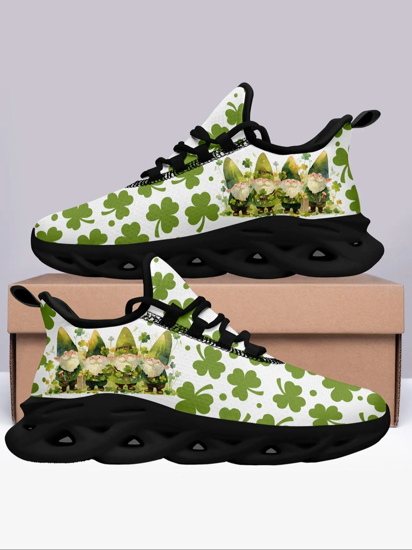 Women's Clover & Leprechaun Print Lace Up Sneakers, Casual Comfortable Breathable Sports Running Shoes, Female All-match Round Toe Shoes for Daily Wear
