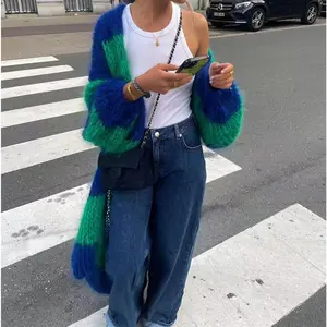 Spring and Autumn new contrasting colors striped lazy wind sweater long coat