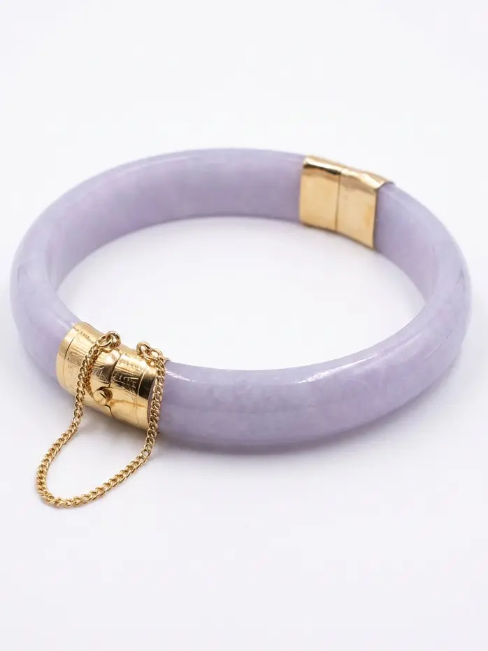 Natural Lavender Jade Hinged Bangle • 14K Gold Clasp • Lilac Burmese Jade Bracelet