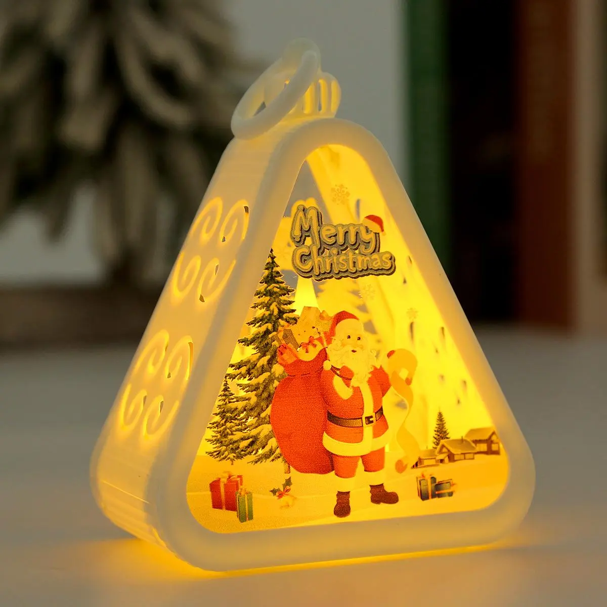 Christmas-Themed Triangular Hollowed-Out Small Lanterns, Santa Scene Tabletop Home Decor Atmosphere Lamp