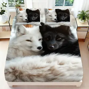 2/3 Pcs 2D Flat Fox Themed Fitted Sheet Set Fox Bedding Set Quilt Cover 1 Fitted Sheet + 1/2 Pillowcases Fox Top Sheet Decorative Bedding Bedroom Decor