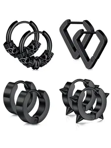 Men's Stainless Steel Heart & Spikes Earrings Set, 4 Pairs Huggie Hoops for Stylish Daily Wear, Durable Metal Design
