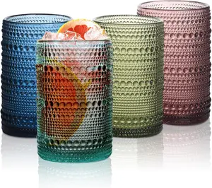 Set of 4 Hobnail Drinking Glasses,15 oz Colored,  Jupiter Drinking Glasses,Embossed Old Fsahioned Cute Glassware for ,Water,Juice,,,
