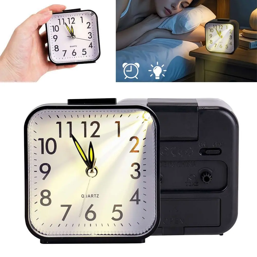 SJPACK Small Analog Clock Silent Alarm - Battery-Operated, No-Ticking, With Light, Plastic Body, Decor Set Switch for Bedside Desk Everyday Use