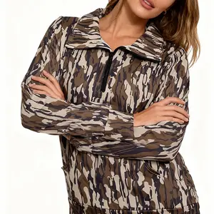 Women's Half-Zip Camo Pullover with Brown Tiger Stripe Print Quick-Dry Breathable Fabric for Hiking Jogging Mountain Climbing Activewear