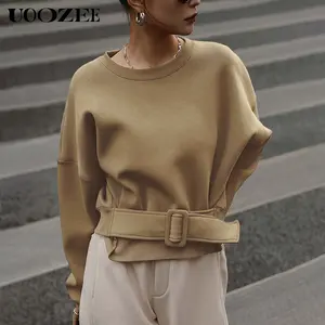 UOOZEE Women's Minimalist Cotton-Polyester Hoodie - Round Neck, Long Sleeves, Baggy Loose Fit, Solid Color, Belt Buckle Basic Casual Lady Tops (Note: Runs Large; Recommend Ordering 1 Size Down)
