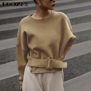 UOOZEE Women's Minimalist Cotton-Polyester Hoodie Sweatshirt Pullover - Longsleeves, Round Neck, Baggy Loose Fit, Solid Color, Belt Buckle, Basic Casual (Note: Runs Large; Recommend Ordering 1 Size Down)