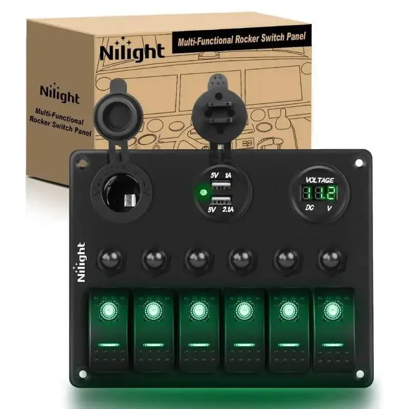 Nilight 6-Gang Green ON/OFF Rocker Switch Panel - 12V Marine Electrical Accessory, Outdoor Non-Wi-Fi Self-Resetting Cord Switch with Dual USB Charger, Power Socket, Voltmeter, Night Glow, Overload Protection, Rubber Seals, Non-Wi-Fi Cord Switches
