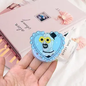 Spooky Cute Slasher Clown Heart Phone Grip Clear Acrylic Griptok - Aesthetic Creepy Kawaii Cell Phone Stand Holder, Pastel Blue Frilly Lace Finger Ring Grip Accessory, Funny Halloween Horror Gift for Her Teens