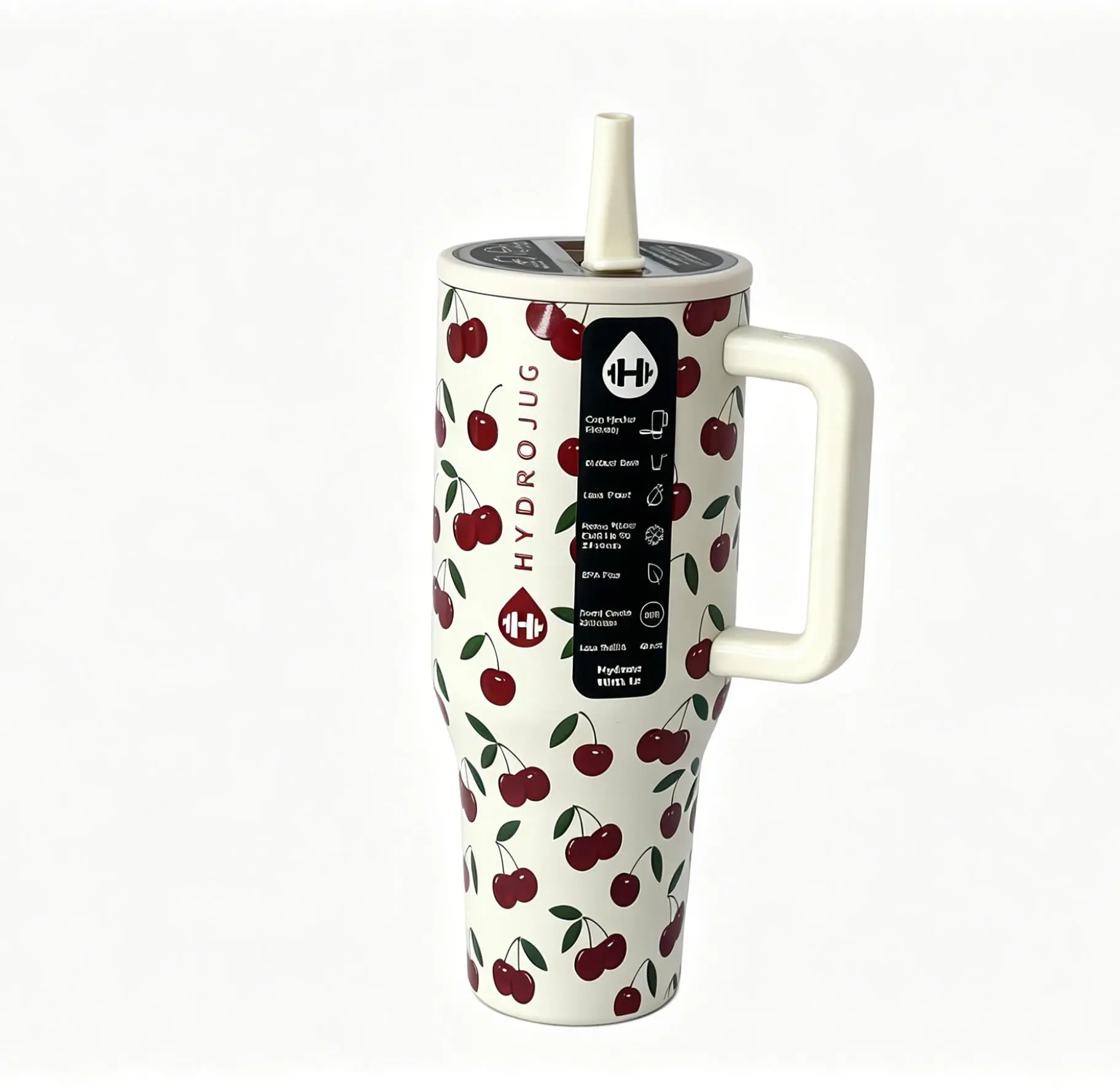 HydroJug 40 oz Insulated Stainless Steel Tumbler Flask - BPA-Free Portable Water Bottle with Straw, Large Capacity, Trendy Cherry Print, Car Cup Holder-Friendly, Ideal for Sports & Travel