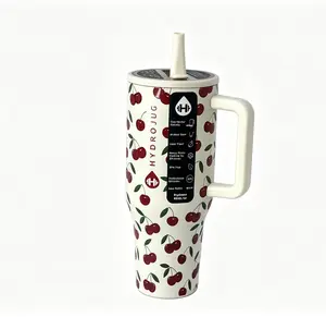HydroJug 40 oz Insulated Stainless Steel Tumbler with Straw, BPA-Free Large Capacity Water Bottle, Ideal for Sports, Office, Travel & Fits Car Cup Holder, Trendy Cherry Print Edition
