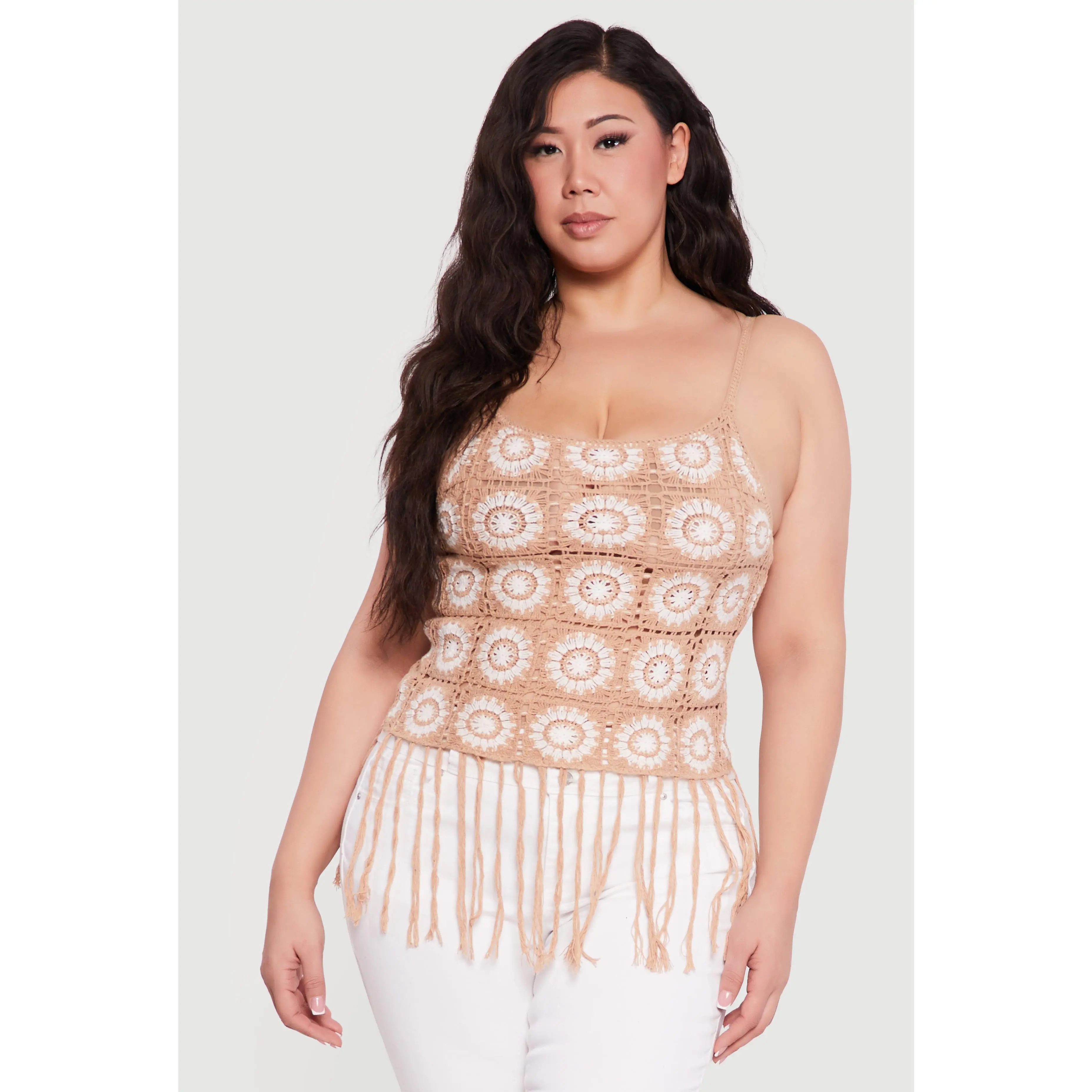 Plus Size Fringe Hem Scoop Neck Crochet Cami
