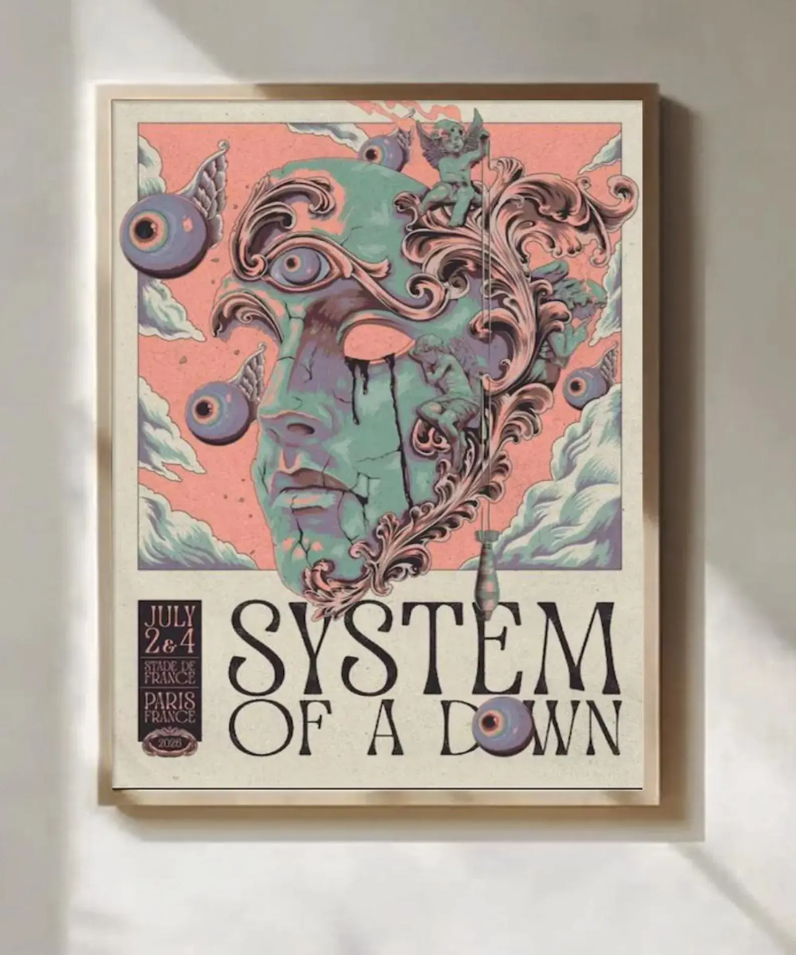 [UNFRAME] System of a Down Concert Poster 2026 - Surreal Psychedelic Art Print "System of a Down" Paris Stade de France July 2 & 4, Trippy Green Face Graphic Vintage Style Wall Art Home Decor