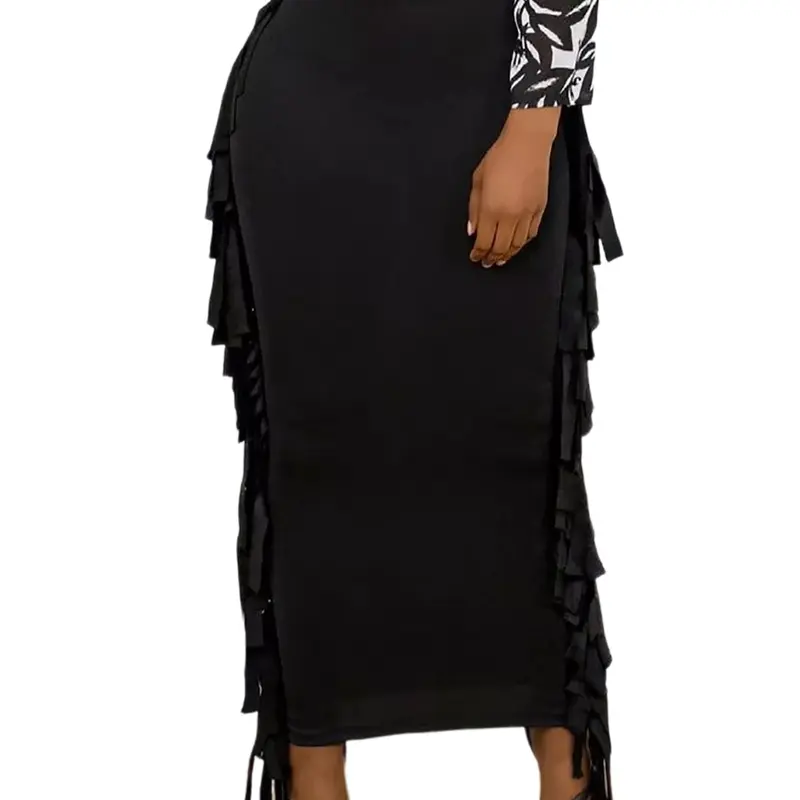 UEOIOW Women's High-Waisted Black Fringe Polyester-Spandex Strappy Bodycon Maxi Skirt - High Stretch, Basic, Stylish Wear, Flattering Side Tassels, Western Gothic Bottoms, Concert Clothes, Party Piece