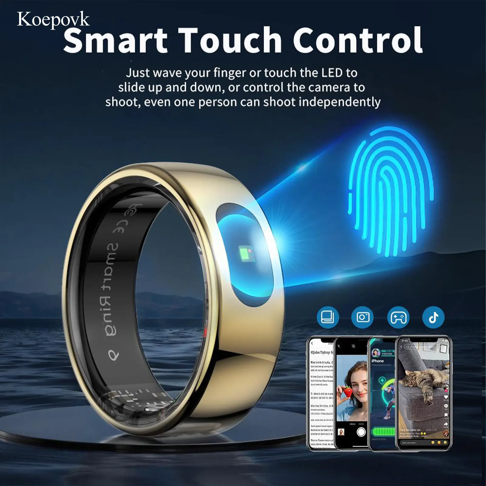 Koepovk Unisex Adults Smart Ring - 24/7 Health Monitor, Bluetooth Touch Control for Music & Videos, Heart Rate Tracker, Water-Resistant Pedometer, Magnetic Steel, Android & iOS Compatible, Portable Gym Gadget for Birthday Gifting