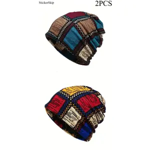 2026 New Autumn & Winter Vintage Printed Beanie, Color Block Slouchy Knit Skull Cap with Windproof Neck Gaiter, Stretchy KnitSoft Warm Stretch Elastic Fit, Unisex for Men & Women, Perfect for Daily Casual Outfits, Outdoor Activities & Cold Weather Comfort