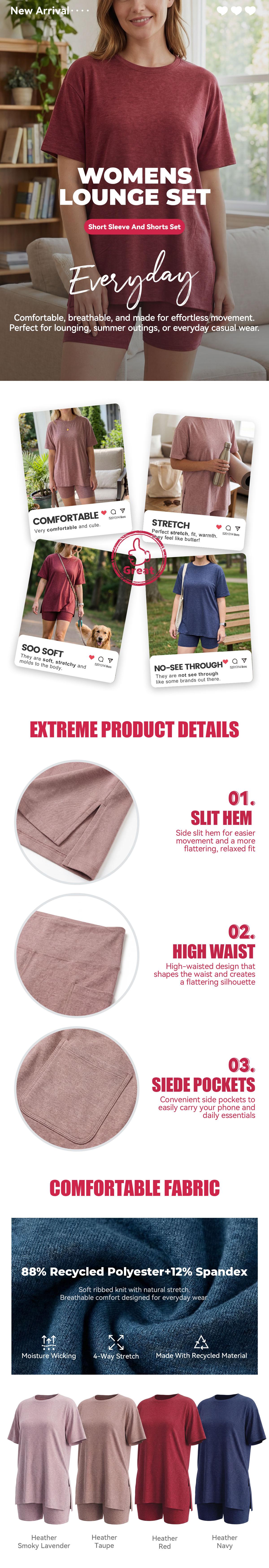 SHOWITTY Womens Lounge Set – Short Sleeve Crew Neck Top and Shorts Set, 88% Recycled Polyester Pajama Outfit with Side Pockets, Soft Stretch 2 Piece Outfit