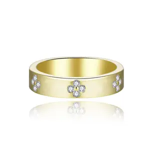 [Venus Jewelry] Synthetic Moissanite Band Ring Four Leaf Clover Design VVS 1 D Color Solid Silver 925 Solitare Ring