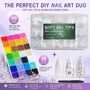 #Summervibes DIY Nail Art Kit: 510PCS Pre-Etched Extra Short Clear Gel Nail Tips & 34000Pcs 3mm 28 Grids Multicolor Flatback Resin Jelly Rhinestones Bedazzling Jewels  Set with Gifted Tools