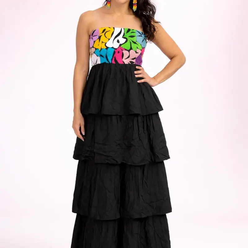 Vestido Oaxaca strapless - handmade in Oaxaca Mexico - bordado a mano sobre tela de rayon - vestido mexicano - Mexican dress - vestido estilizado - vestido Ixchel strapless