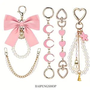 5-Pack Pearl Bow Bag Charms - Fashion Purse Chain Extenders, Cute Handbag Hanging Decor Keychains for Daily Casual Use, Party Gifts