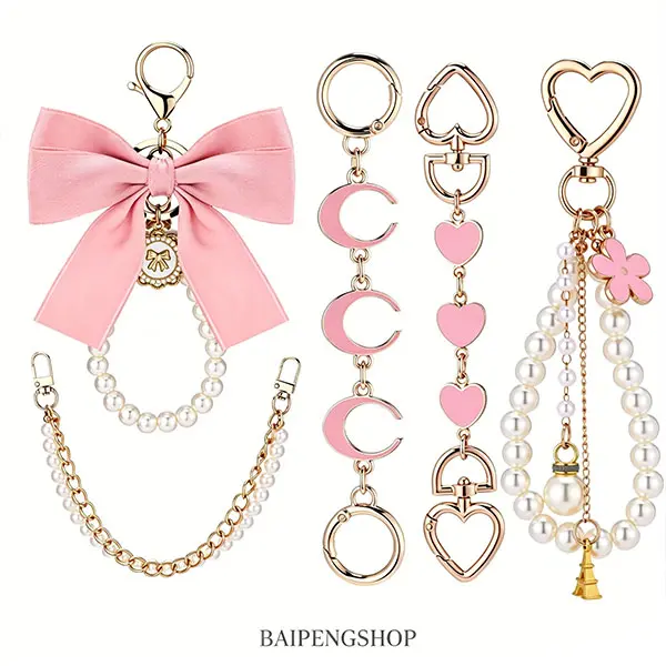 Women's 5-Pack Bag Charm Set, Trendy Pearl Bow Purse Accessories Charms, Detachable Fashion Handbag Hanging Decor & Chain Extender, Bag Accessories Charms