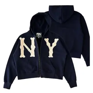 Man's Navy Blue NY Patch Full-Zip Hoodie, Vintage-Inspired Sweatshirt for Women – Stylish Thanksgiving Outfit for Casual Gatherings & Streetwear Looks,unisex Clothes