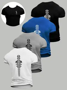 Men's Tribal Spine Totem Print Short Sleeve T-Shirt, Athletic Tee, High Stretch Fitted Quick-Dry Breathable Workout Top, Casual Fitness Apparel