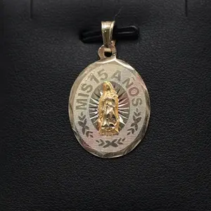 14K Gold Oval Quinceañera 3 Tone Virgen Pendant